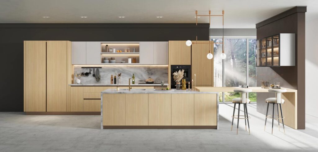 Custom-designed Wooden Cabinets Dubai installed in a modern kitchen interior.